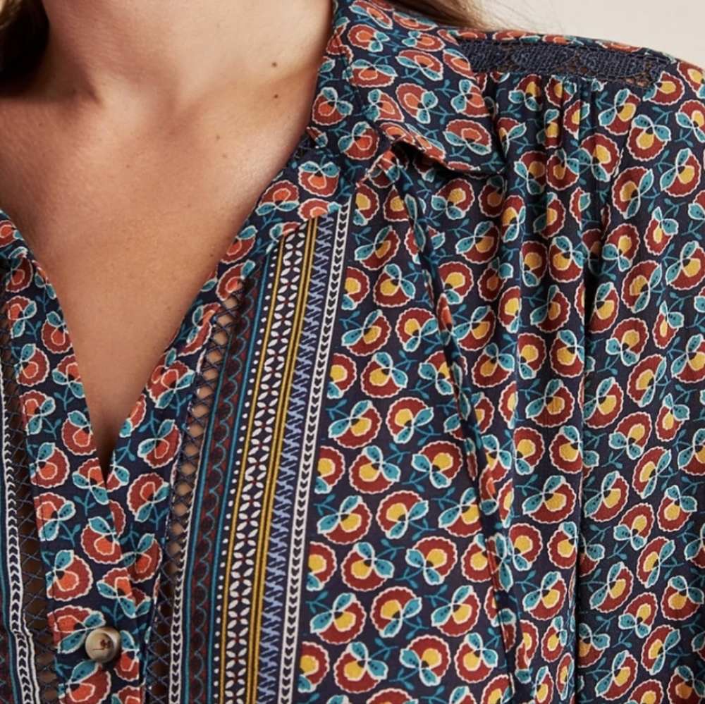 ANTHRO I Blue Motif Janie Flounced Peasant Ruffled Peplum Blouse Top by Maeve, 4 - Picture 3 of 16